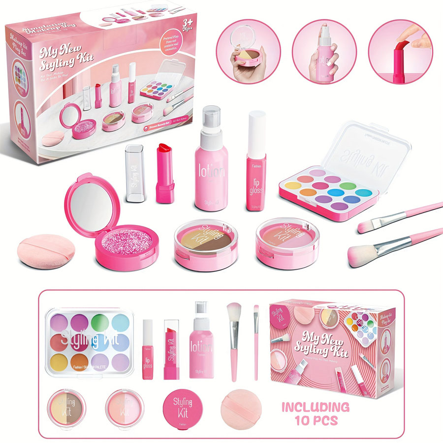 Beauty Real Makeup - 子供用メイクアップおもちゃセット 模擬美容メイクアップボックスセット 汚れなし 液体なし 10ピース 非毒性セット